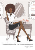 Journal cover featuring a woman sitting in a stylish optometrist office trying on frames. A quote on the bottom of the cover reads, "I can see clearly now that I am focused on my purpose. Mystique Latese"